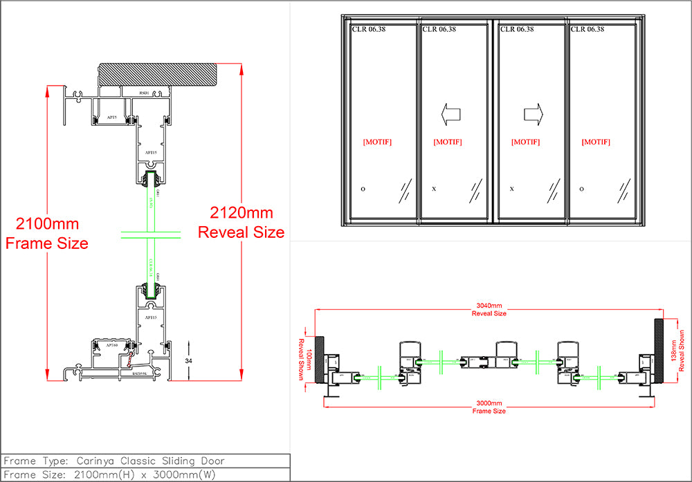 Sliding Door H2100 x W3000 Four Panel Centre Opening