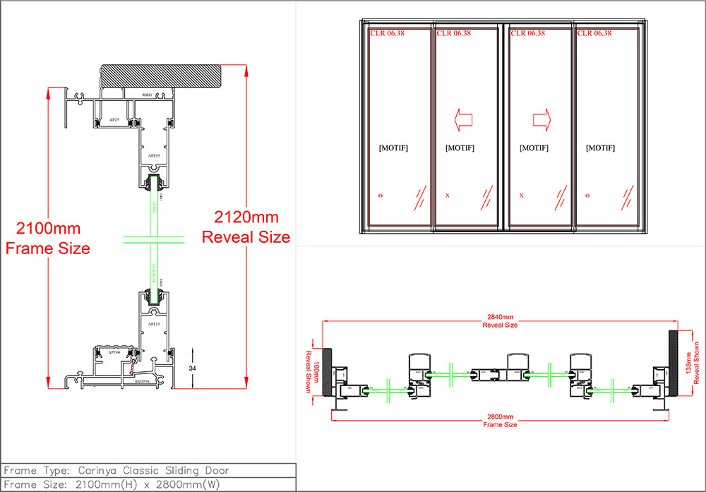 Sliding Door H2100 x W2800 Four Panel Centre Opening
