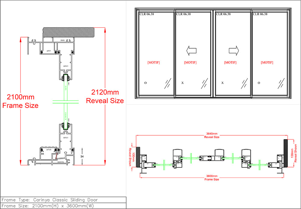 Sliding Door H2100 x W3600 Four Panel Centre Opening