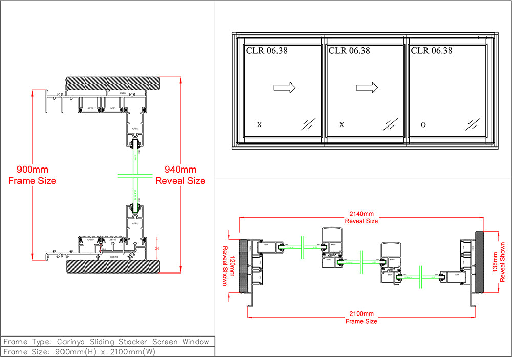 Sliding Stacker Window H900 x W2100 Three Panel