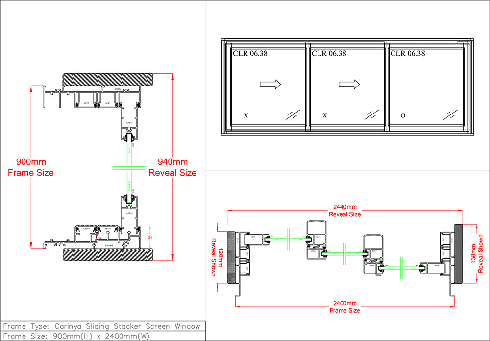 Sliding Stacker Window H900 x W2400 Three Panel