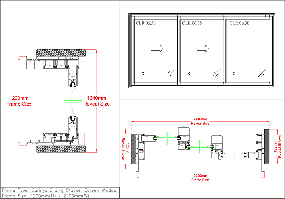 Sliding Stacker Window H1200 x W2400 Three Panel