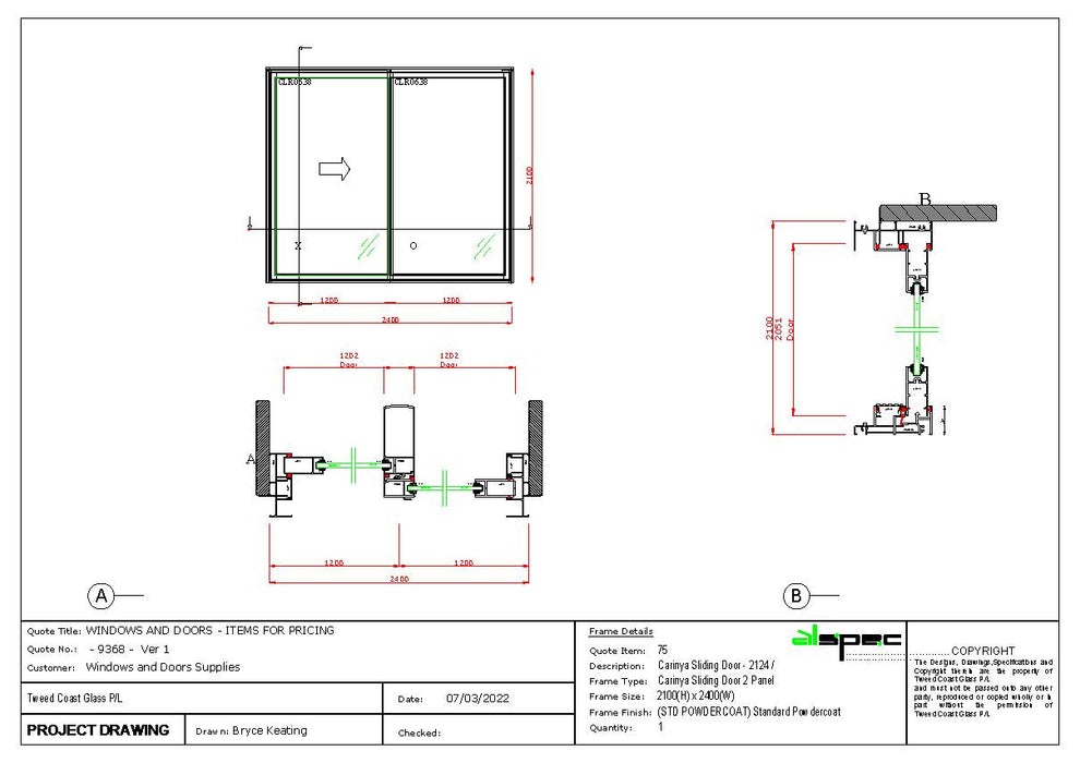 Sliding Door H2100 x W2400 Two Panel