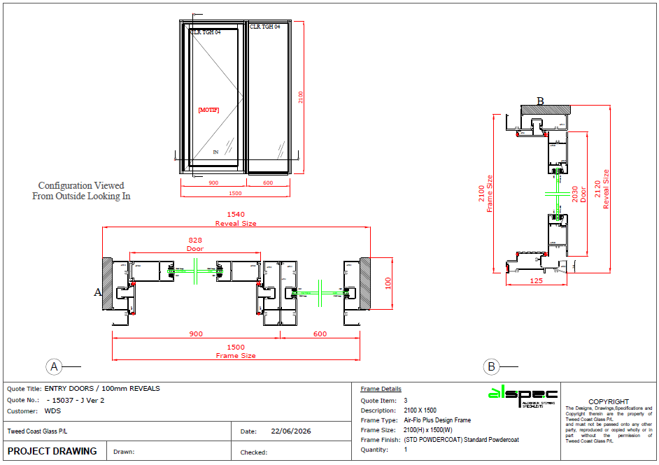 Hinge Door / Fixed Sidelight H2100 X W1500