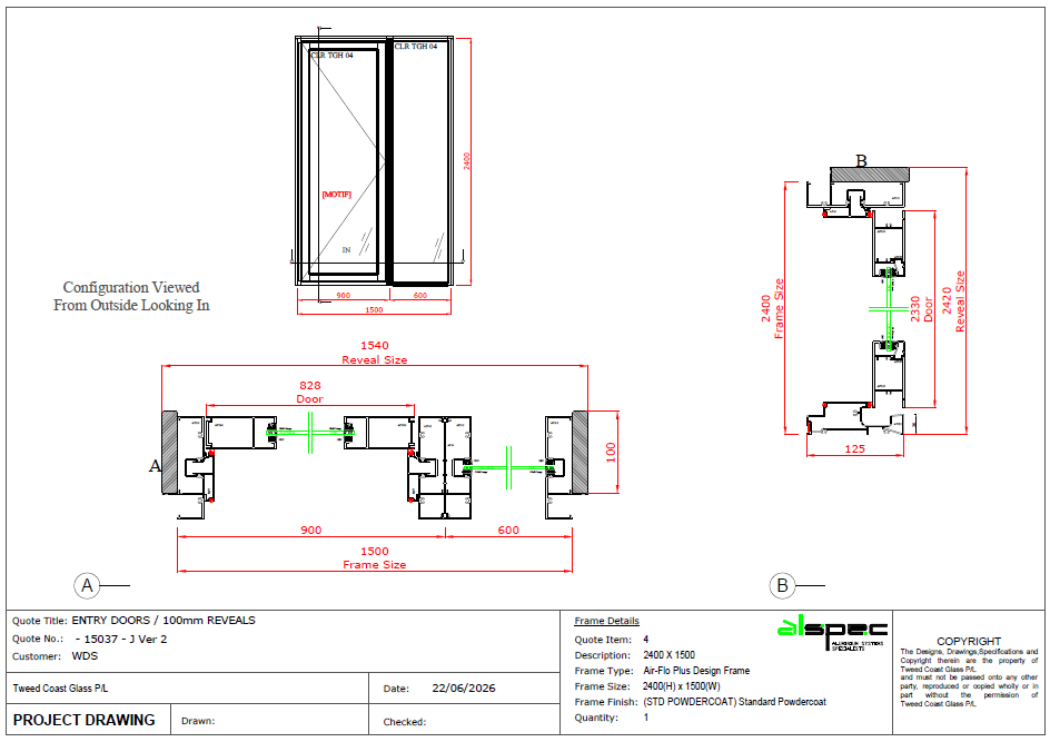 Hinge Door / Fixed Sidelight H2400 X W1500
